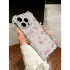 Phone Case: Girly Pink Cherry Bow Shockproof Anti-Slip Transparent Phone Case, for iPhone 17 Promax/Pro/ Air, 16 Plus, 15, 14 Pro Max, 13, 12, 11.wonderful Gift for Friends, Boys, Girls or Family.
