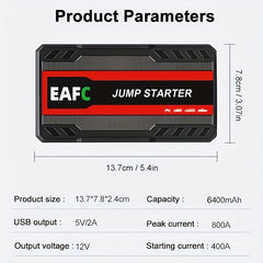 Portable Car Jump Starter Battery Power Bank Emergency Booster with LED Light 12V Auto Starting Device Support Starting 12V Gasoline Cars Up to 3.0L