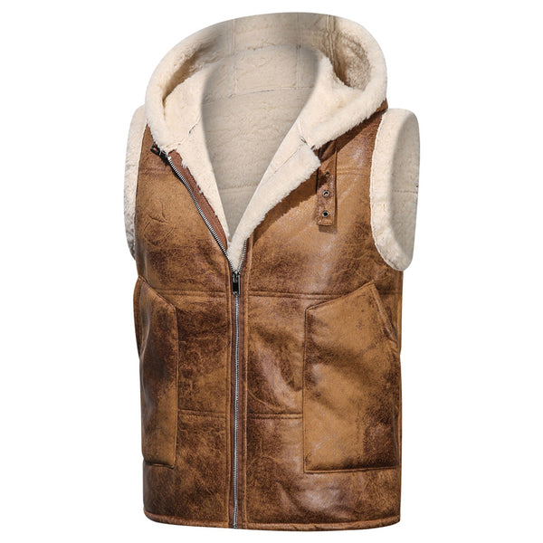 Men's Faux Fur-Lined Hooded Vest, Thickened and -Lined, Fashionable Windproof and Warm Outer Jacket for Men