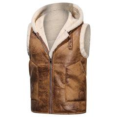 Men's Faux Fur-Lined Hooded Vest, Thickened and -Lined, Fashionable Windproof and Warm Outer Jacket for Men
