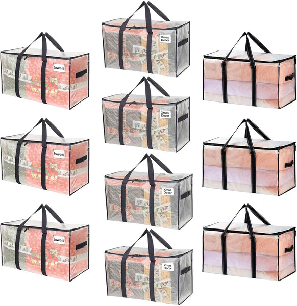 VENO 8 Pack Extra Large Moving Storage Bags with Zips, Heavy-Duty Organizer Tote, Moving Box Alternative, Packing Supply, Clothes Storage Bin, Tag Pocket for Label, Water-Resistant (Clear, 8 Pack)