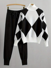 Women's Fashionable Plaid Sweater Set, New Autumn/ winter Style, Casual Plaid Two-piece Sweater Set, Drawstring Elastic Waist, Side Pockets, Suitable for Autumn/ winter Casual Wear and Daily Commuting, Combining Fashion and Warmth.