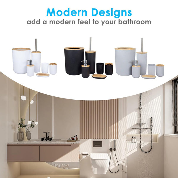 6pc Grey Black White Bathroom Accessories- Bathroom Bin And Toilet Brush Set- Durable Toothbrush Holder Cup- Soap Dispenser With Pump- Soap Dish Holder