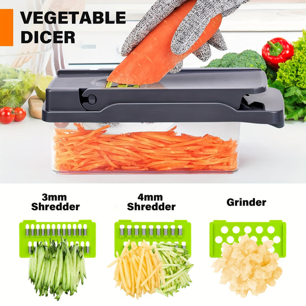 16-In-1 Multifunctional Kitchen Vegetable Slicer with a Container, Suitable for Onions, Carrots, Garlic, And Includes a Non-Rechargeable Plastic Tool Set with a Drainage Basket