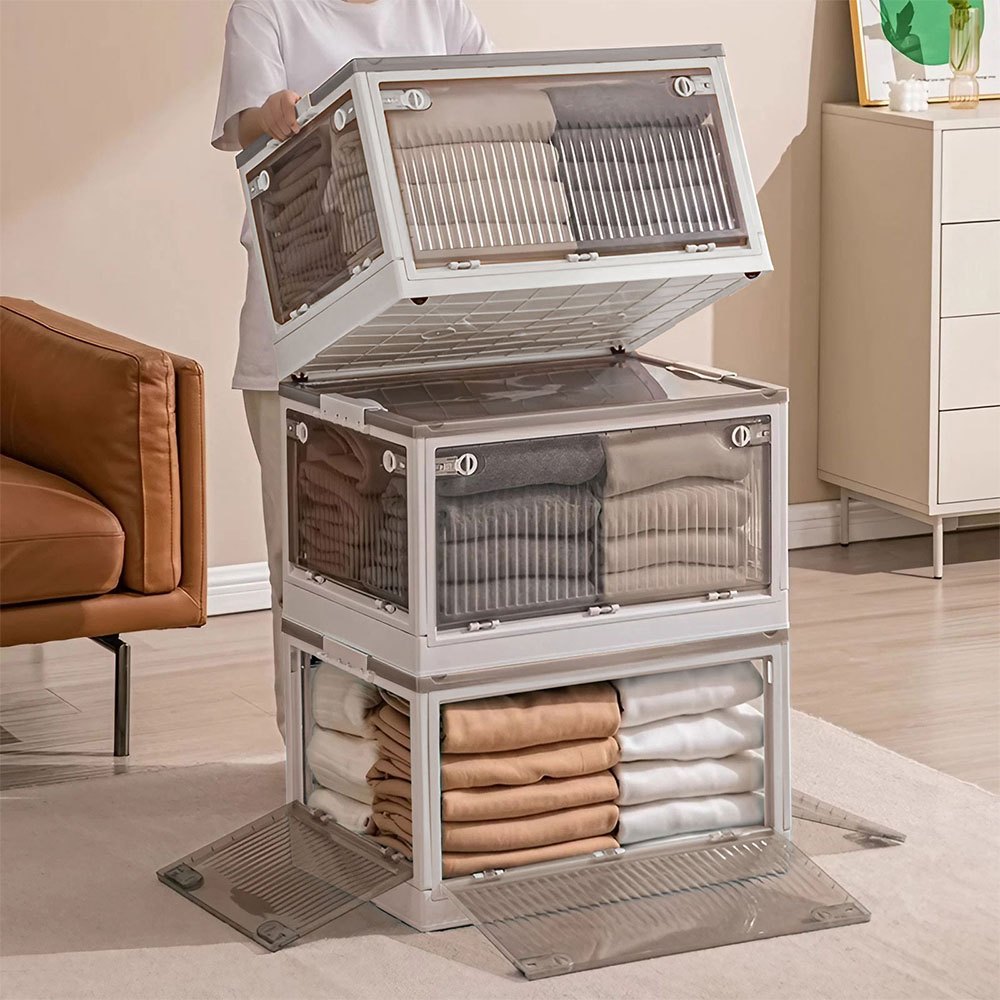 Extra Large Storage Bins with Lids, Plastic Stackable Toy Storage Box Organizer with Wheels, Foldable Rolling Storage Containers Storage Trunk for Clothes Snacks Toys Sundries Books Camping, Perfect for Living Room, Bedroom, Dorm, 61.5x42x34.5cm