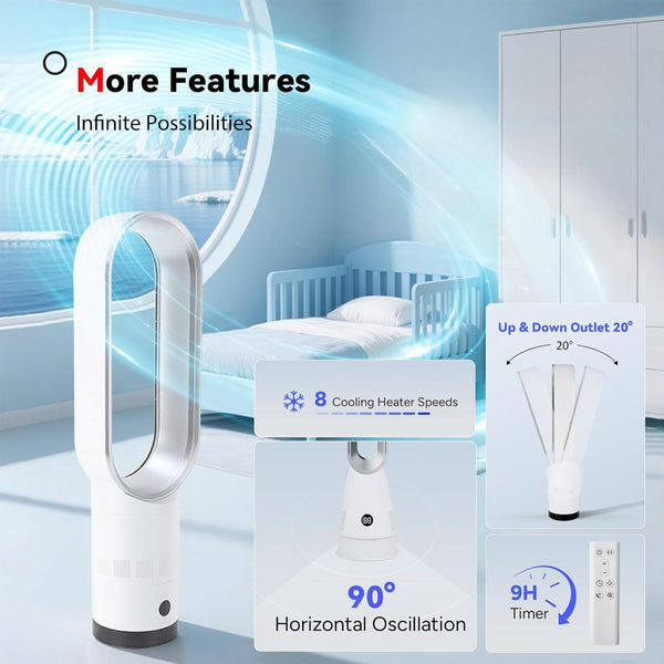  Bladeless Tower Fan 25 Inch, 6-In-1 Cooling Air Purifier Fan with Oscillation, Timer, 10 Speeds, Powerful & Quiet Portable Floor Fan for Office Bedroom (Gold)