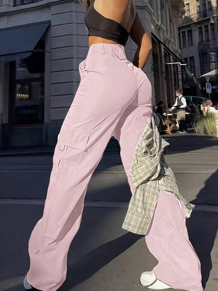 Flap Pocket Solid Color Cargo Pants, Y2K Slant Pocket Button Front Every Day Pants, Women's Clothing
