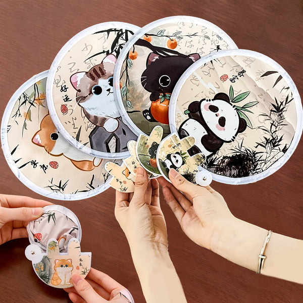 4pcs Cute Cat Folding Fan - Cat Design, 2-In-1 Cooling And Sunscreen, Portable Handheld Storage Bag, Summer Additions, Festival Gifts