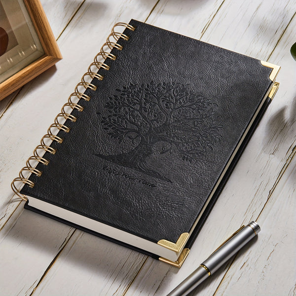 Notebook Notepad A5, 300 Pages Wirebound Spiral Notebook, 100GSM Thick Paper, No Bleed, Leather Cover Journal with Tree Design & Golden Spiral Binding, Perfect for School Writing, 16.5 X 21cm