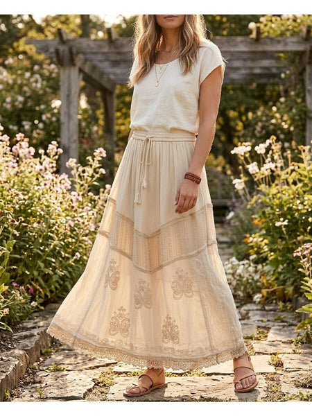 Women'S Indian Boho Maxi Skirt, Embroidered Drawstring Tiered Skirt 18654