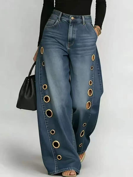 Women's Retro High Elasticity Denim Pants with Metal Circles Design- Long Versatile Jeans for Women, High-waist Trousers, Trendy Womens Clothes for Summer, All Seasons Style, Fabric, Hand Washable, Slim Fit, Suit for Daily Wear
