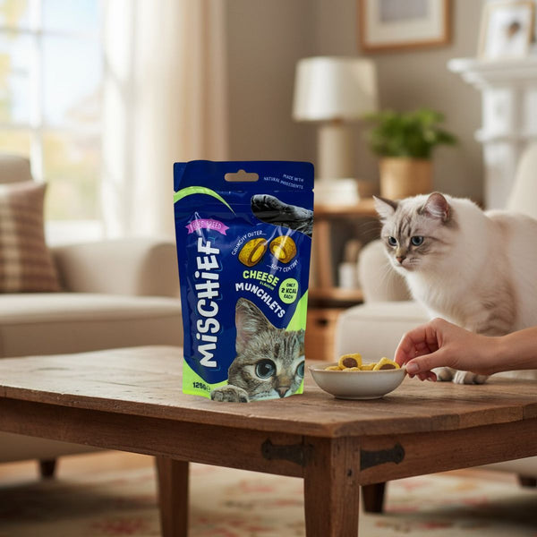 Mischief Pillow Cat Treats – 125g | Crunchy & Creamy Snacks for Cats | Available in Salmon, Chicken & Cheese Flavours.