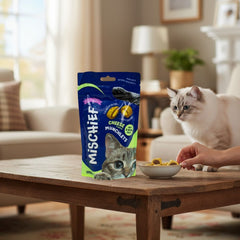 Mischief Pillow Cat Treats – 125g | Crunchy & Creamy Snacks for Cats | Available in Salmon, Chicken & Cheese Flavours.