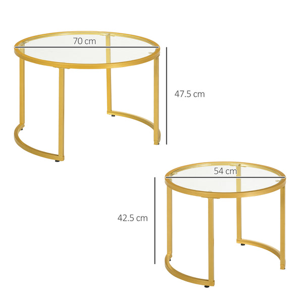 Glass Coffee Table Set of 2, Round Nest of Tables with Tempered Glass Tabletop and Steel Frame, Modern Side Tables for Living Room, Black