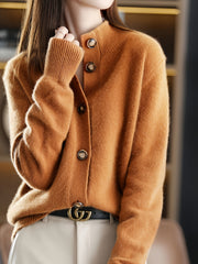 2026 New Retro Women'S 100% Cashmere Solid Color Stand Collar Cardigan, Casual Loose Fit Outerwear for Office Commute & Business Casual Outfit