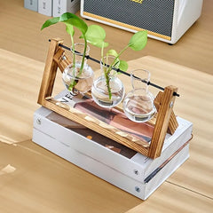Multi-Tube Plant Propagation Station with Wooden Stand & Metal Swivel Holder, Desktop Retro Plant Terrarium Bulb Vase for Indoor Hydroponic Flowers, Tabletop Glass Planter Housewarming Gifts for Plant Lovers, 28x13.8cm (3 Tubes)