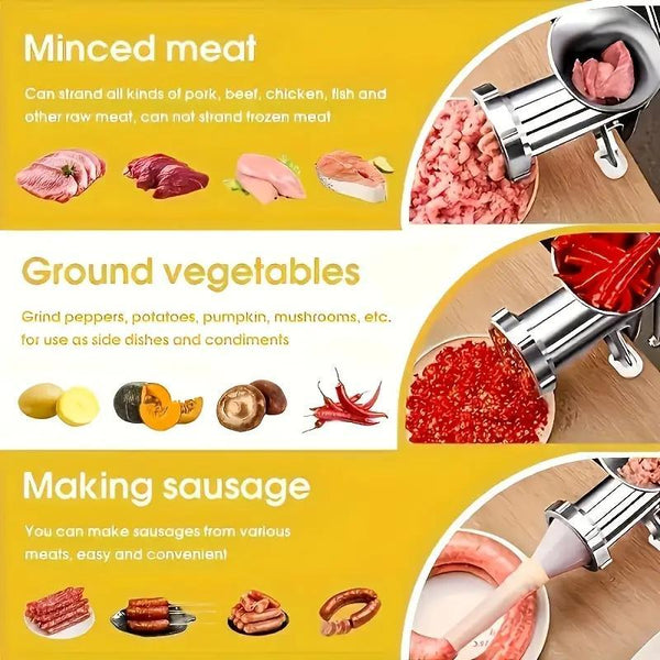 6-in-1 Manual Meat Grinder Aluminum Alloy Sausage Filling Machine Wooden Handle Meat Grinder for Meat and Vegetable Grinding and Sausage Filling