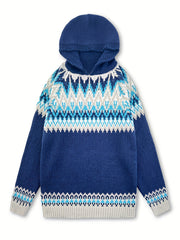 Women's Winter Hooded Jacquard Sweatshirt Style Glacier Snow Mountain Chunky Elegant Fashionable Comfortable Casual Vintage Commuter Soft Slim-Fit Top