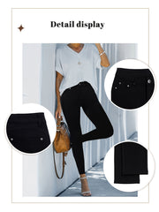 CY038 - Women's High-Waisted Stretch Street Style Solid Color Slim-Fit Fashion Metal Button Detail Casual Jeans