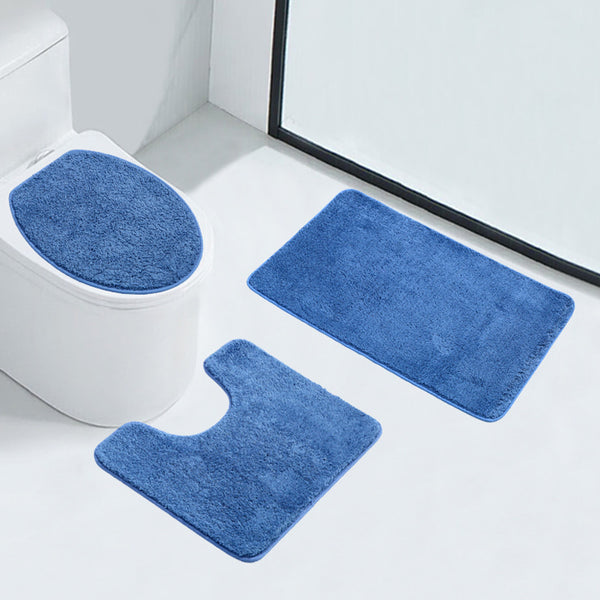 3-Piece Bathroom Rug Set - Plush Water Absorbent Mat, U-Shaped Contour Toilet Mat & Lid Cover for Tub/Shower
