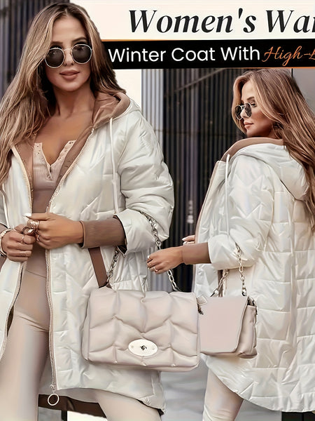 Women's Warm Winter Coat, Hooded Jacket, Mid-Length with Pockets and Asymmetrical Hem Padded Coat