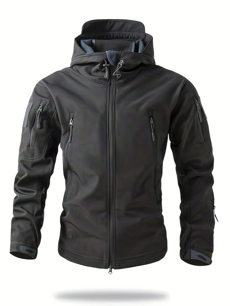 Men'S Winter Soft Shell Jacket with a Hood, Featuring Pockets And a Solid Color, Suitable for Outdoor Wear