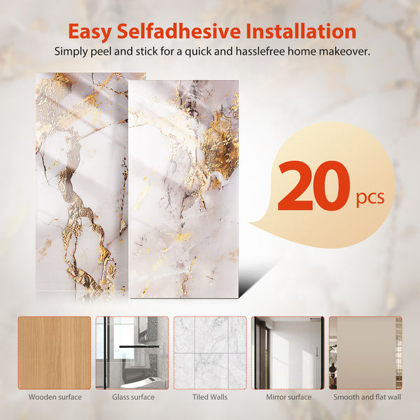 STOBOK 20pcs Self-Adhesive Decorative Tile Wall Stickers, Washable with Water, Featuring a Marble-Like Appearance. Perfect for Decorating Bathrooms, Kitchens, Living Rooms, Bedrooms, Offices, And Dorms - Shiny End