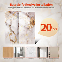 STOBOK 20pcs Self-Adhesive Decorative Tile Wall Stickers, Washable with Water, Featuring a Marble-Like Appearance. Perfect for Decorating Bathrooms, Kitchens, Living Rooms, Bedrooms, Offices, And Dorms - Shiny End