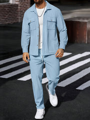 Men's 2pcs Casual Suit, 2-Pocket Shirt and Pants Set for Spring/Autumn, Suitable for Work and Leisure Sports