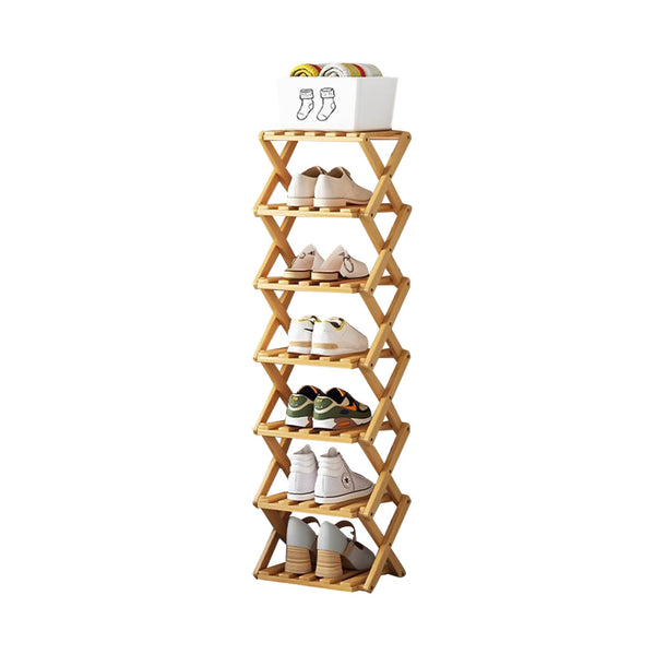 4/5/6/7 Tiers Bamboo Wooden Shoe Rack, Vertical Shoe Racks Storage Shelves Tall Shoe Tower, Collapsible Narrow Shoe Stand, Installation Free Folding X-Shape Shoe Racks Sneakers Slippers Holder Organizer, Multi Functional Shoe Rack Durable Footwear Cabinet