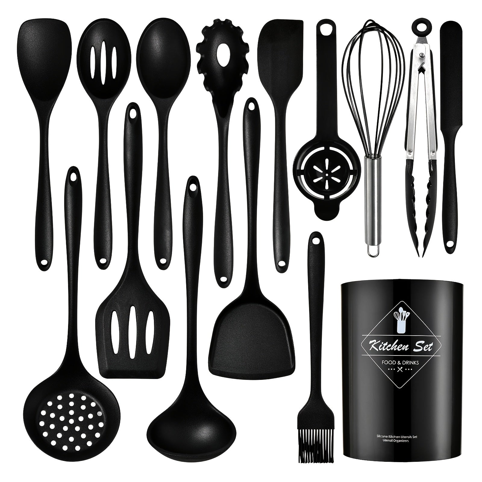 Silicone Kitchen Utensils Set 15pcs, Food Grade Silicone Cooking Utensils with Storage Holder, Non-Scratch Dishwasher Safe Non-Stick Cookware Friendly for Cooking Baking Frying Mixing Stirring Serving Grilling Kitchen Prep, Black & Khaki Available