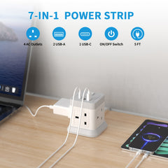 Extension Lead Cube with USB, BEVA 4 Way Power Strip with 3 USB Ports, Desktop Power Extension Socket with 1.5M Extension Cable Cords for Home Dorm Office Travel-WHITE