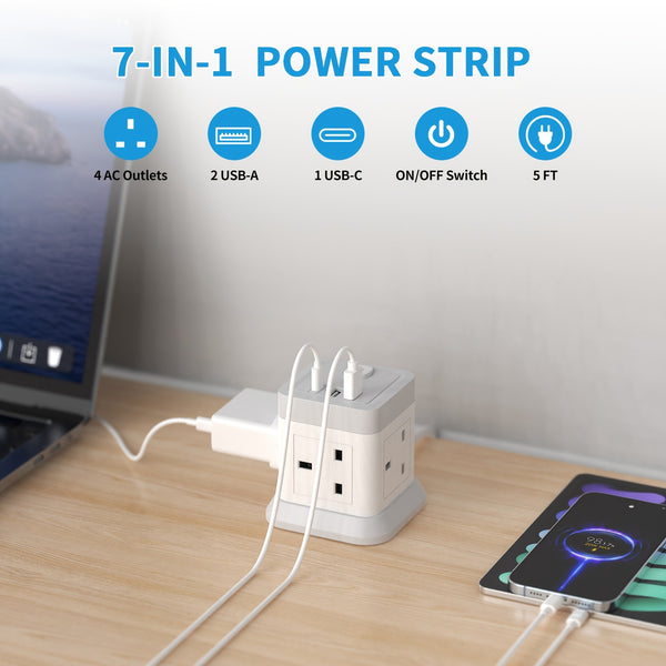 Extension Lead Cube with USB, BEVA 4 Way Power Strip with 3 USB Ports, Desktop Power Extension Socket with 1.5M Extension Cable Cords for Home Dorm Office Travel-WHITE