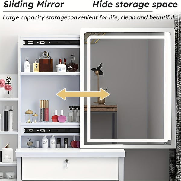 Dressing Table with LED Lights And Adjustable Brightness, Vanity Desk with Mirror, 4 Drawers, 6 Hidden Shelves, And Stool, Makeup Desk for Bedroom, Modern Makeup Table with Mirror And Chair (White)