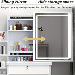 Dressing Table with LED Lights And Adjustable Brightness, Vanity Desk with Mirror, 4 Drawers, 6 Hidden Shelves, And Stool, Makeup Desk for Bedroom, Modern Makeup Table with Mirror And Chair (White)