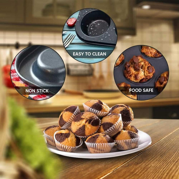 ANGIX 6 & 12 Cup Muffin Tray Nonstick - Dishwasher Safe Cupcake Tins for Baking | Non-Stick Pan Muffin Trays, Baking Mould for Muffins or Cupcakes, Bakeware - (Black)