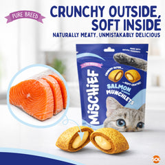 Pure Breed Mischief Cat Treats 6 Pack | Salmon Flavour Pillow Snacks for Cats | Crunchy Outside & Creamy Inside | Low Calorie Dual Texture Cat Bites (Only 2 kcal Each) | Natural Resealable Cat Treat Pouches