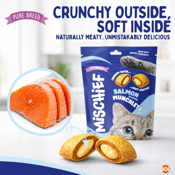 Pure Breed Mischief Cat Treats 6 Pack | Salmon Flavour Pillow Snacks for Cats | Crunchy Outside & Creamy Inside | Low Calorie Dual Texture Cat Bites (Only 2 kcal Each) | Natural Resealable Cat Treat Pouches
