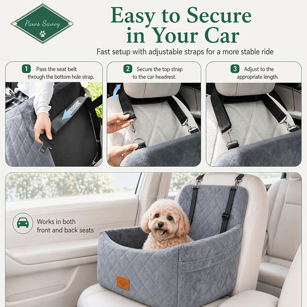 Paws Sauvy Dog Car Booster Seat with Safety Strap, Cozy Travel Bed for Small And Medium Dogs, Stable, Easy to Clean, 8 Colors Available