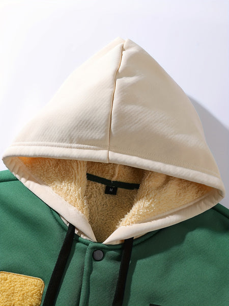 Men'S Fall Winter New Letter Embroidery Contrast Color Patchwork Outdoor Sports Fashion Hooded Baseball Jacket Coat