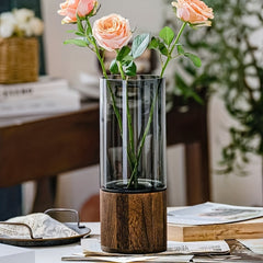 3pcs Glass Vase for Flowers - 25cm Tall Cylindrical Vase with Wooden Base Clear Large Flower Vases Boho Rustic Style Vases Modern Minimalist Ornaments for Pampas Grass Dried Flowers Wedding Home Decor