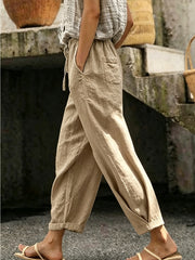 Women's Drawstring Waist Linen-Look Pants, Loose Casual Cropped Trousers with Pockets, Lightweight Summer Pants
