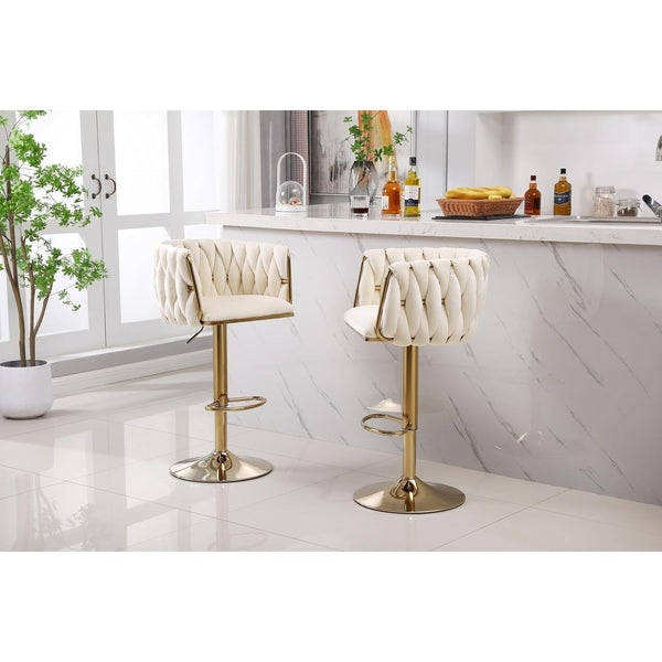 Set of 2 x Velvet Woven Upholstered Adjustable High Swivel Breakfast Bar Pub Home Stool Chair With Gold Metal base & Gas Lift (Cream/Gold)