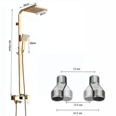 Modern Square Golden Shower Faucet System with Rainfall Shower Head & Bathtub Spout - Exposed Wall-Mounted Stainless Suitable for Bath/Shower, Polished, Splitter Valve, for or Commercial Use