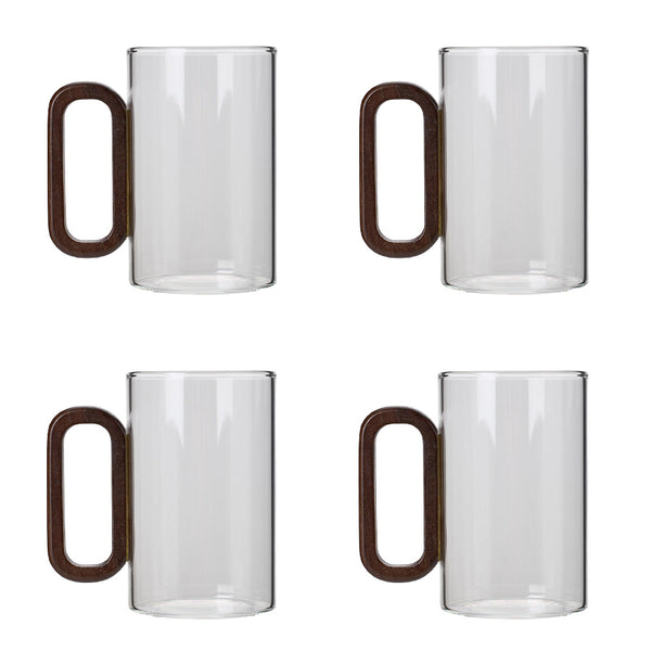 4pcs 360Ml Wooden-Handled High Borosilicate Glass Cup, Transparent And Heat-Resistant, Suitable for Home Use, Vintage Wooden Handle Tea/Coffee Cup Set, Breakfast Milk Cup, Juice/Drink Cup
