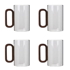 4pcs 360Ml Wooden-Handled High Borosilicate Glass Cup, Transparent And Heat-Resistant, Suitable for Home Use, Vintage Wooden Handle Tea/Coffee Cup Set, Breakfast Milk Cup, Juice/Drink Cup