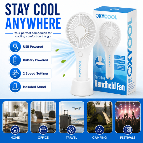 UK LOCAL SELLER - Portable Handheld & Desktop Fan – Battery & USB Powered Personal Cooling Fan with 2 Speed Settings, Detachable Stand, Quiet Motor & Compact Travel Design for Home, Office, Outdoor & Travel Use | Sent and Fulfilled from UK Warehouse and D