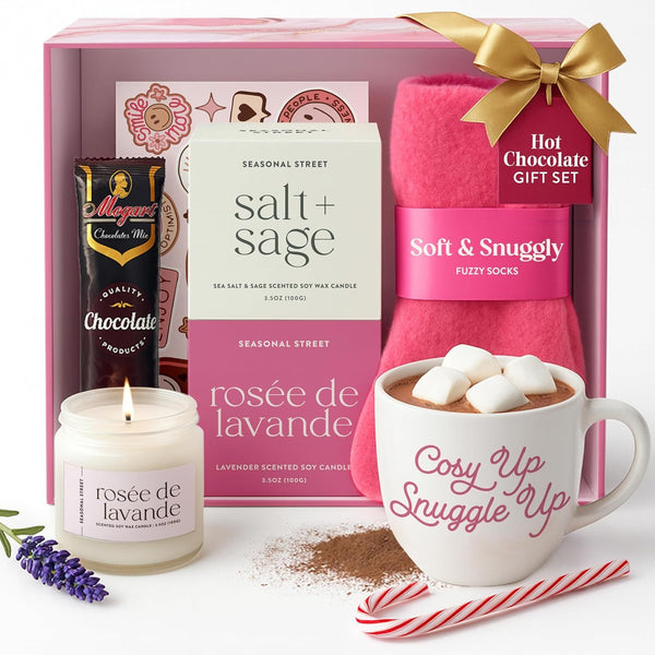 Mother'S Day Gift for Her - Birthday Pamper Gifts for Women with Scented Candle, Pink Socks, Hot Chocolate Sachet, Best Wishes Card, Self Care Box, Gifts for Mum, Hot Chocolate Gift Set