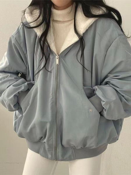 Women's Winter Double-Sided Plush Padded Jacket with Hood & Pockets - Thickened Lamb Outer Coat, Zipper Closure, Solid Color Casual Sweater for Cold Weather (No elastic fabric)