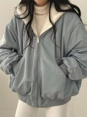 Women's Winter Double-Sided Plush Padded Jacket with Hood & Pockets - Thickened Lamb Outer Coat, Zipper Closure, Solid Color Casual Sweater for Cold Weather (No elastic fabric)